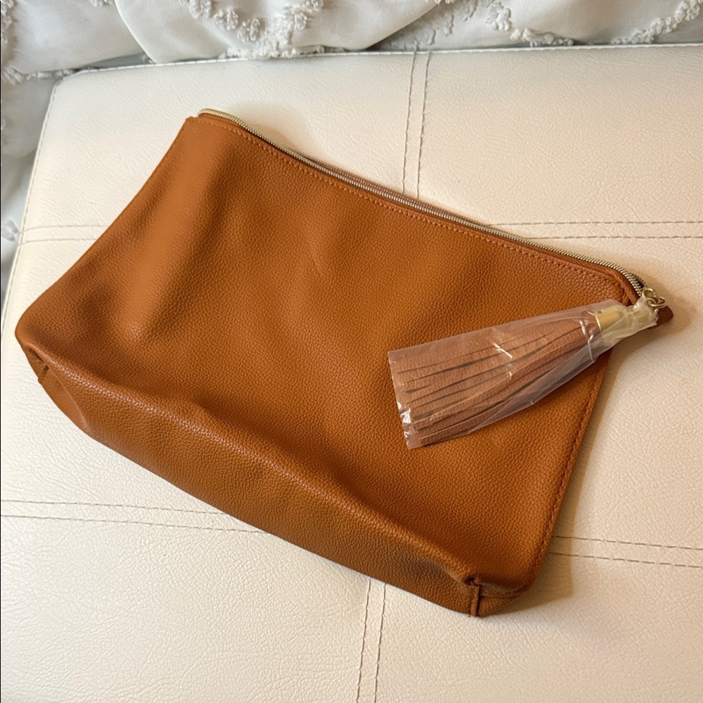 Lancome Tan Leather Cosmetic Bag with Tassel